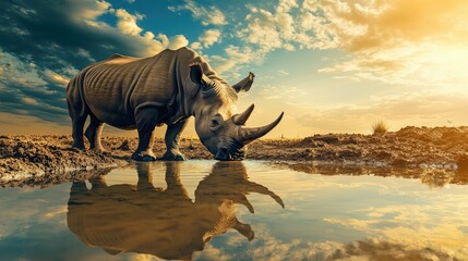 Fototapeta premium Rhinoceros drinking water from a muddy pond, reflecting the sky above.