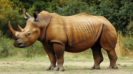 Fototapeta premium Side profile of a rhinoceros, highlighting its horn and rough skin texture.