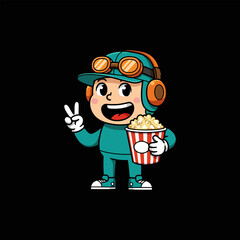 Playful Cartoon Boy with Popcorn A Cheerful Illustration