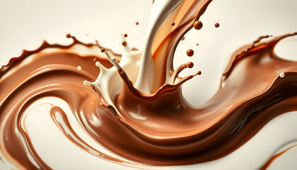 Splash collision of chocolate and milk, high-speed liquid photography, dynamic fluid motion, brown...