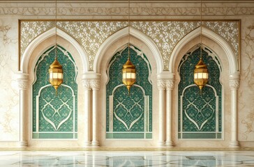 Obraz premium An empty room with three arched windows, Islamic-style arches on the wall, a green and white mosaic floor, intricate Arabic-inspired design wallpaper, hanging golden light fixtures