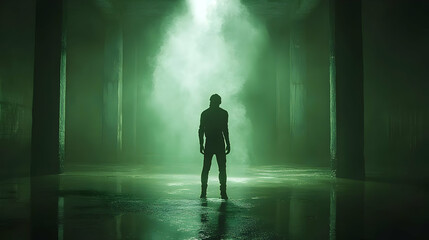 Silhouette man, smoky warehouse, mystery, film noir