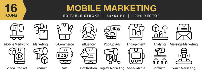 Mobile Marketing icon set. Editable Stroke Icon Collection. Includes marketing, mobile, online, communication, digital, and More. Outline icons vector collection.