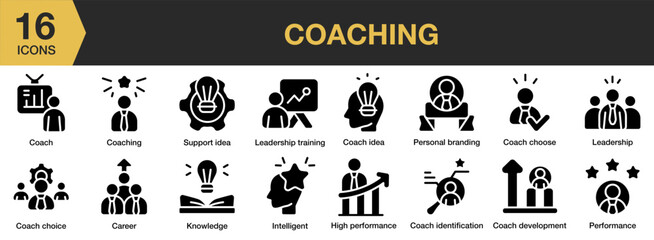 Coaching solid icon set. Includes professional, skill, goal, development, mentor, and More. Solid icons vector collection.