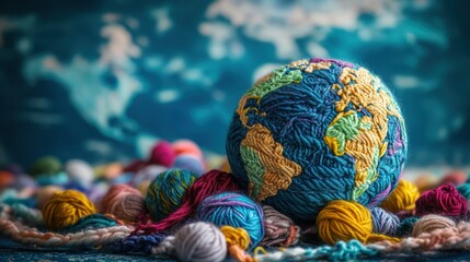 A globe made of yarn surrounded by colorful balls of yarn, symbolizing creativity and unity.