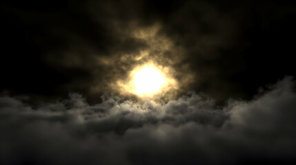 Sun peeking through dark clouds, atmospheric backdrop