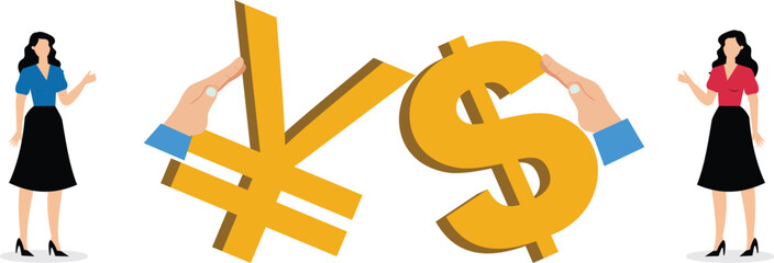 Economic or monetary interdependence and support, holding the dollar sign and the yen sign in their hands leaning on each other