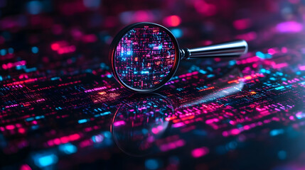 Data analysis, magnifying glass, circuit board, neon glow, tech background