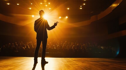 motivational speaker silhouetted on stage
