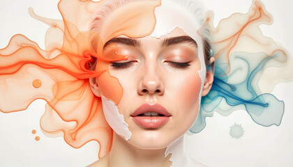 Woman with abstract watercolor smoke effect in soft tones