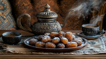 Dates, tea, ornate teapot, cozy setting, Ramadan