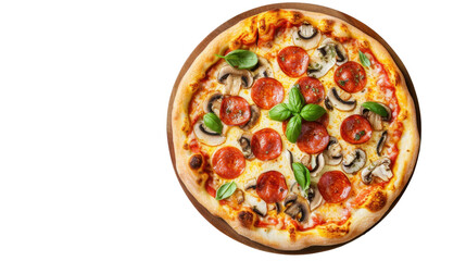 Delicious pepperoni pizza with mushrooms and basil on transparent background