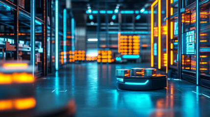 A futuristic warehouse with autonomous robots sorting packages, illuminated by neon blue lighting. The blurred background shows digital displays, conveyor systems, and a modern logistics environment.