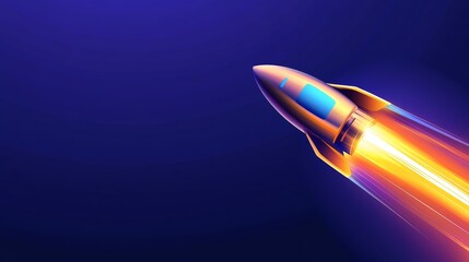 Futuristic rocket soaring through a vibrant purple-blue sky, symbolizing innovation and exploration