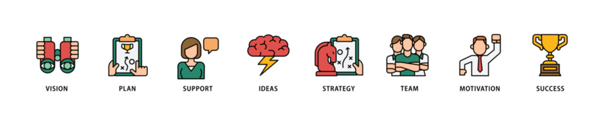 Goals icon set flow process which consists of vision, plan, support, ideas, strategy, team, motivation, and success icon live stroke and easy to edit .