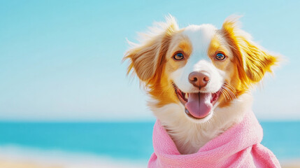 A cheerful puppy wrapped in a pink blanket enjoys the day by the seaside, depicting happiness, cuteness, and the joy of summer adventures.