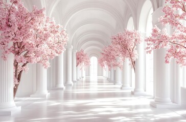 3D wallpaper featuring white arches with pink cherry blossom trees in the corridor, and a white floor.