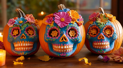 Halloween or Day of the Dead party mexican pumpkins, Dia De Los Muertos holiday decorations. Vector pumpkin sugar skulls with cartoon calavera and flower ornaments, carved mouths, teeth and eyes