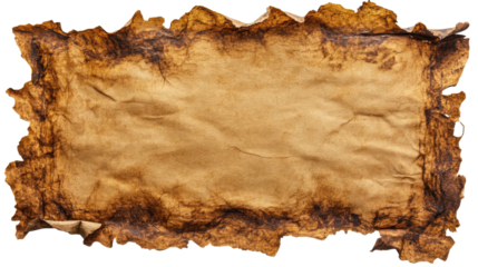 Old paper scroll showing wrinkled and burnt edges on transparent background