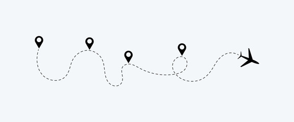 Airplane Route Icon Set. planes, travel, map pins, location pins. Vector illustration.