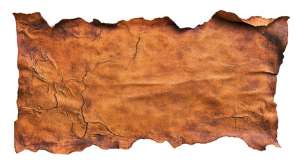 Old paper or leather scroll with burned edges on transparent background