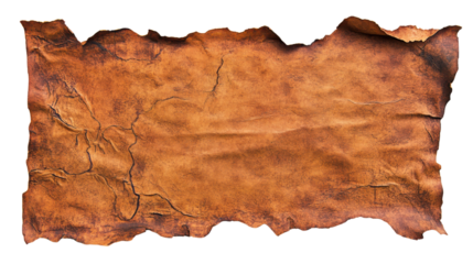 Old paper or leather scroll with burned edges on transparent background