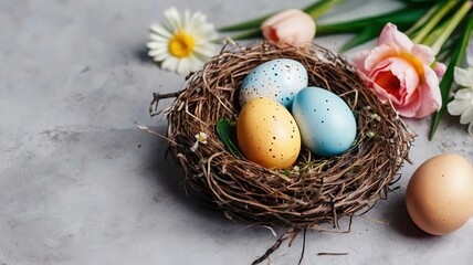 Obraz premium Happy Easter concept with easter eggs in nest and spring flowers.