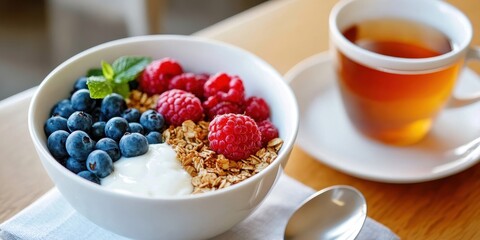 Delicious breakfast bowl with fresh berries, granola, yogurt, and a drizzle of honey for a perfect start to your day.