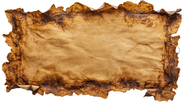 Old paper scroll showing wrinkled and burnt edges on transparent background