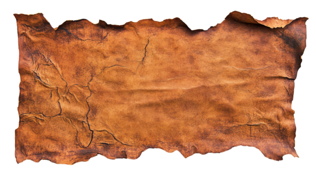 Old paper or leather scroll with burned edges on transparent background