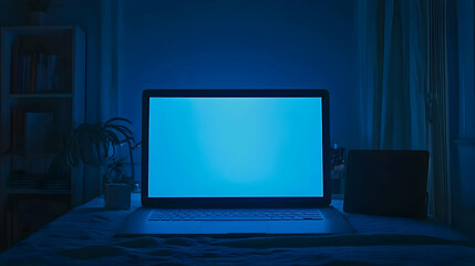 Fototapeta premium Nighttime laptop screen glow, bedroom background, work