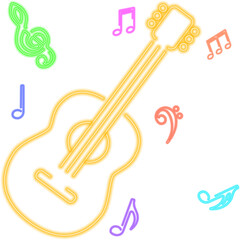 Abstract illustration for music themed designs, posters, and digital artwork, yellow glowing neon guitar with colorful music notes, enhancing the visual appeal with modern neon effect.
