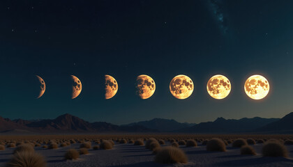 Fototapeta premium Eight Golden Moon Phases Arcing Over Nocturnal Desert Landscape with Mountain Silhouettes 