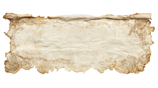 Old paper scroll with transparent background showing folded edges and decorative border