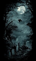 Fototapeta premium Spooky Graveyard Moonlight Halloween Night Cemetery