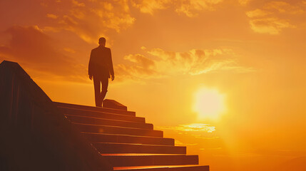 Silhouette of a businessman walking up the stairs against a sunset sky background, a concept depicting a business person climbing to success or growth. 