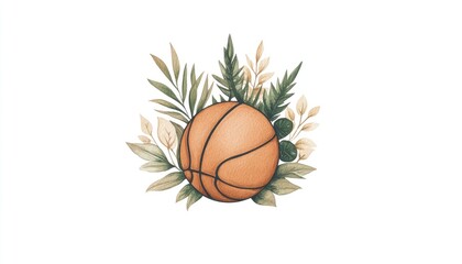 A vibrant illustration of a basketball surrounded by lush green foliage and plants