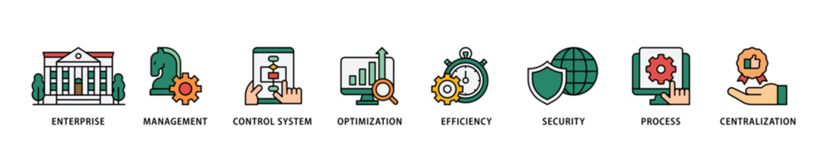 Industrial control system icon set flow process which consists of enterprise, management, control system, optimization, efficiency icon live stroke and easy to edit .