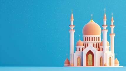 Fototapeta premium Ramadan mosque illustration. Colorful mosque against a blue background with decorative elements.