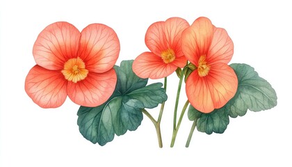 Fototapeta premium Vibrant watercolor illustration of blooming orange flowers with green leaves on a white background