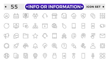Info or Information outline icon set. Collection of help signs. Containing info, help, inform, support, news, instructions and notice icons. Online help, helpdesk, quick response, feedback and more.
