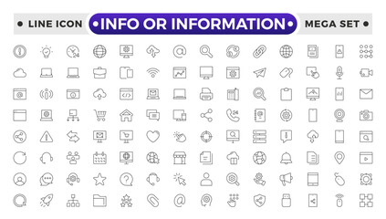 Info or Information outline icon set. Collection of help signs. Containing info, help, inform, support, news, instructions and notice icons. Online help, helpdesk, quick response, feedback and more.