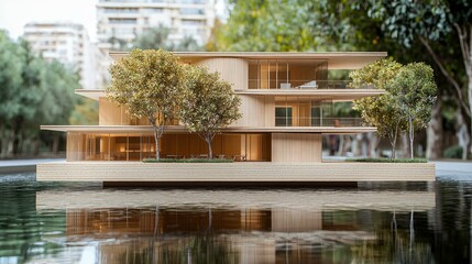 Fototapeta premium Modern Wooden House Architectural Design on Water, Luxury Home, Contemporary Villa, Minimalist Architecture, Real Estate