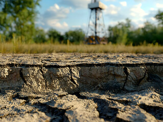 Dry cracked earth, oil rig background, environmental impact