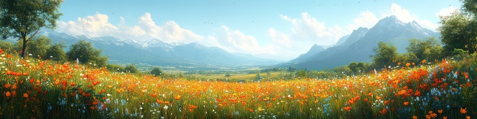 Fototapeta premium Panoramic View of Lush Wildflower Field with Majestic Mountains in Background