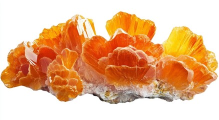 Orange wulfenite crystal cluster, studio shot, white background, mineral specimen