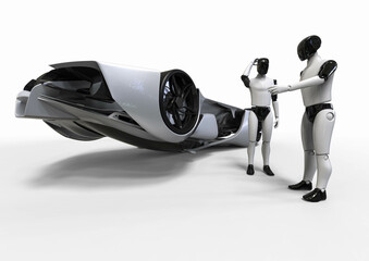 3D render image representing Ai driving cars and causing a collision between them. Insurance problem with autopilot