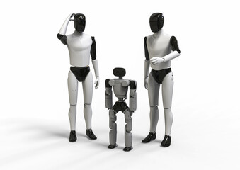 3D render image representing two humanoid robots teaching mini robots