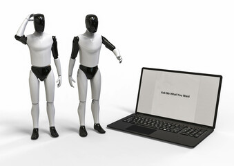 3D render image of robots with software apps representing chatgpt era 