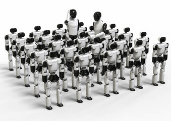 3D render image representing two humanoid robots teaching mini robots